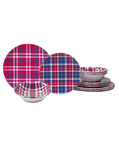 Certified International Patriotic Plaid Melamine 12 Piece Dinnerware Set, Service for 4