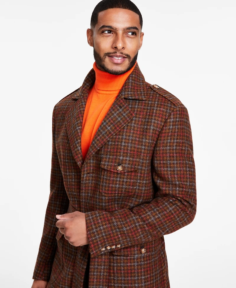 Tayion Collection Men's Classic-Fit Plaid Self Belted Wool Blend Overcoats
