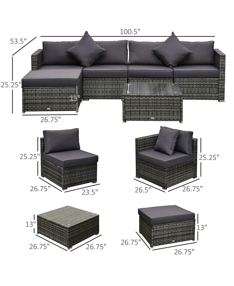 Outsunny 6 Pieces Patio Furniture Sets Outdoor Wicker Conversation Sets All Weather Pe Rattan Sectional sofa set with Ottoman, Cushions & Tempered Gla