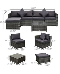Outsunny 6 Pieces Patio Furniture Sets Outdoor Wicker Conversation Sets All Weather Pe Rattan Sectional sofa set with Ottoman, Cushions & Tempered Gla