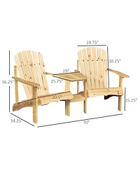 Outsunny Set of 2 Wooden Adirondack Chairs, Outdoor Double Seat with Center Table and Umbrella Hole for Patio, Backyard, Deck, Fire Pit, Natural