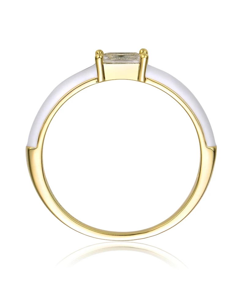 Ra Young Adults/Teens 14k Yellow Gold Plated with Baguette Cubic Zirconia Solitaire White Enamel Slim Stacking Ring