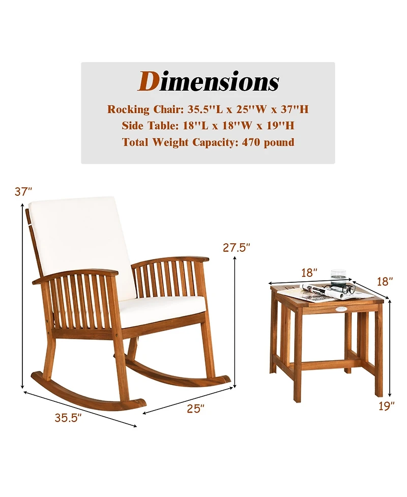 2PCS Acacia Wood Patio Rocking Chair Set Cushioned Coffee Table