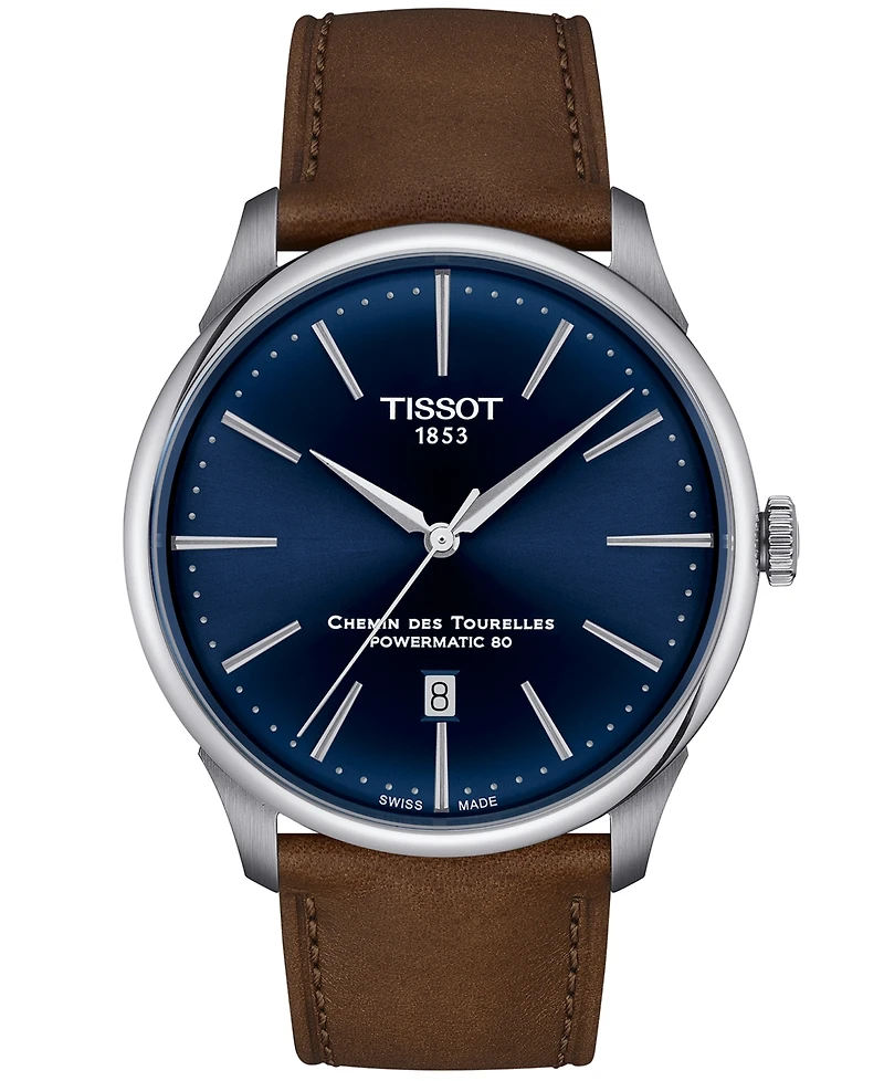 Tissot Men's Swiss Automatic Chemin des Tourelles Powermatic 80 Brown Leather Strap Watch 42mm