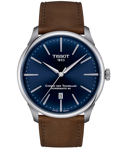 Tissot Men's Swiss Automatic Chemin des Tourelles Powermatic 80 Brown Leather Strap Watch 42mm