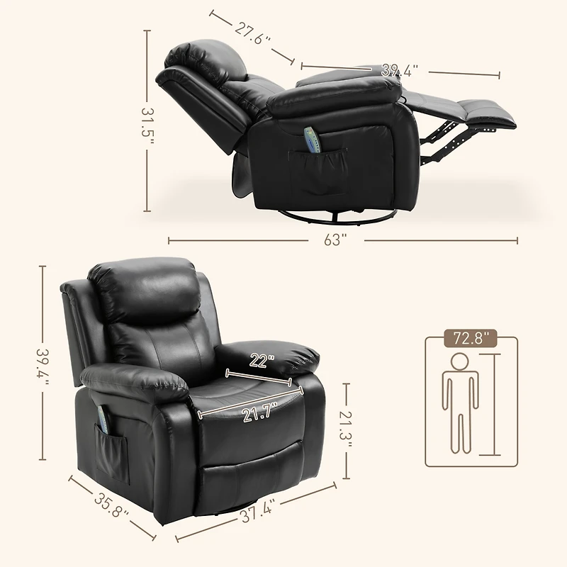 Homcom Massage Recliner Sofa Swivel Rocking Chair with Footrest,