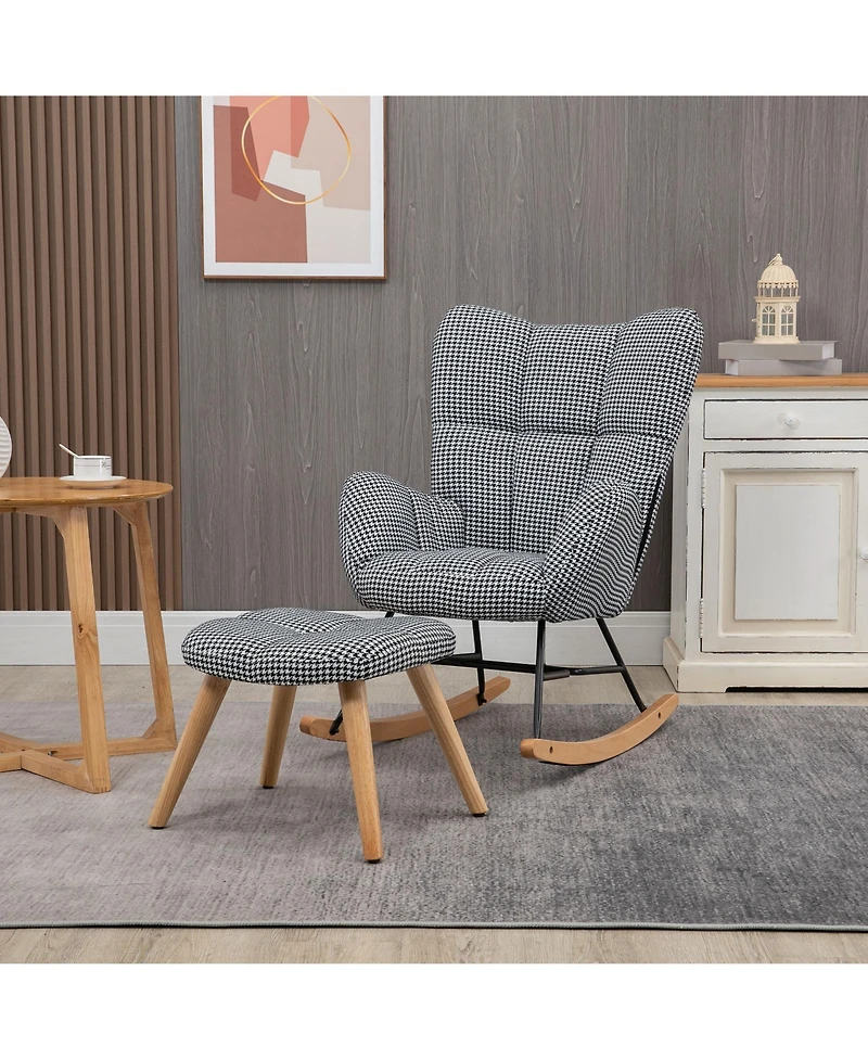 Homcom Glider Rocker with Ottoman Set, Houndstooth Nursery Rocking Chair, Upholstered Wingback Armchair for Living Room and Bedroom