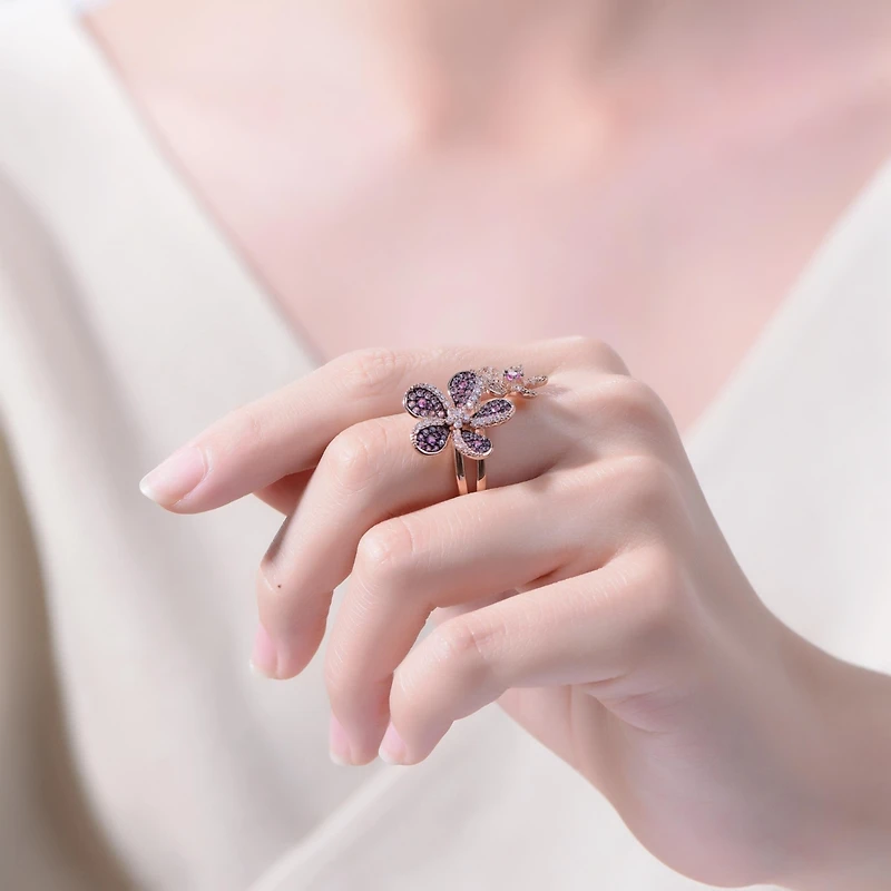 Ra 18K Rose Gold and Black Plated Multi Colored Cubic Zirconia Floral Ring