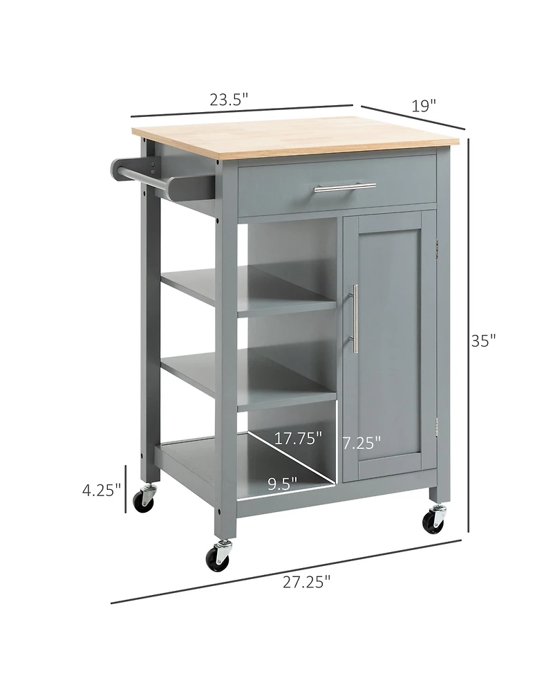 Homcom Compact Kitchen Storage Cabinet Utility Cart on Wheels with Open Shelf and Storage Drawer for Dining Room, Kitchen, Grey
