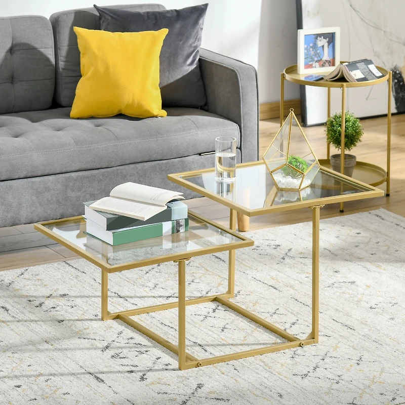 Homcom 38" 2 Glass End Table, Living Room Table w/ Metal Frame,