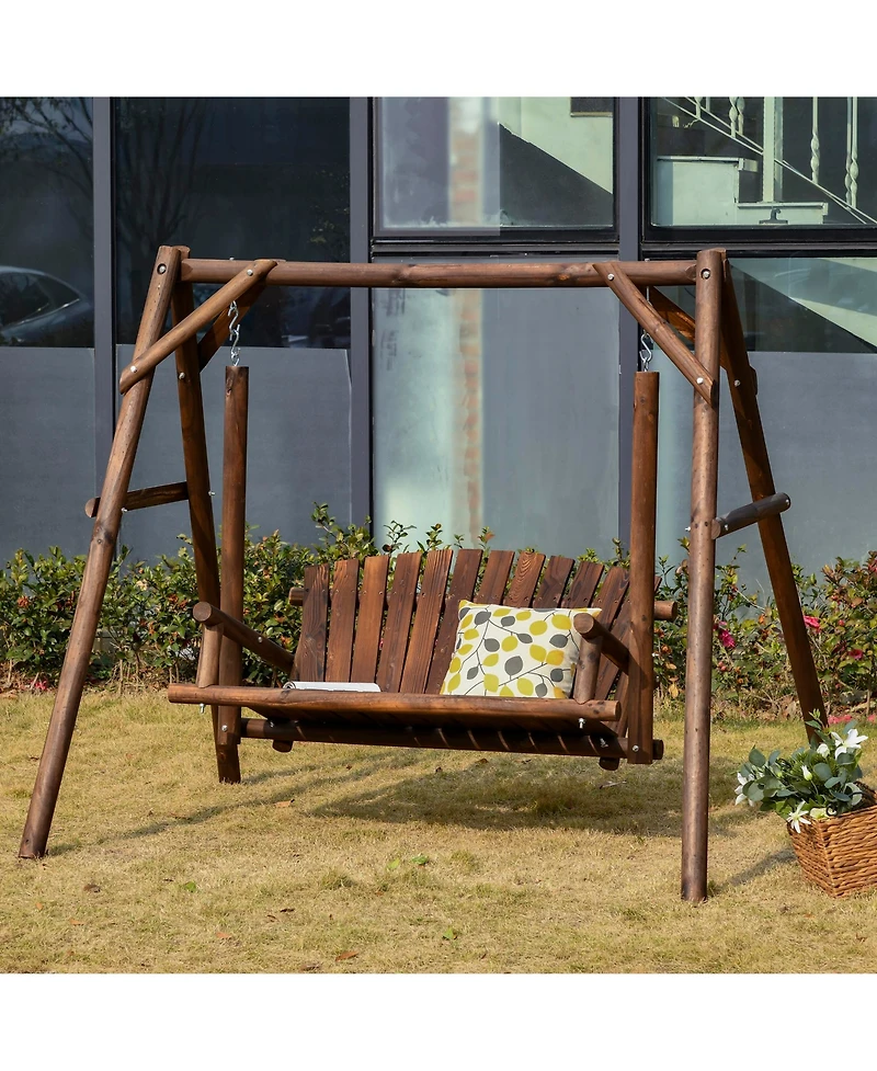 Outsunny 6.5' Outdoor Rustic Loveseat Solid Wood Natural Log Garden Swing Carbonized