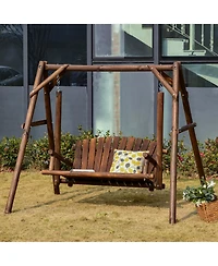 Outsunny 6.5' Outdoor Rustic Loveseat Solid Wood Natural Log Garden Swing Carbonized