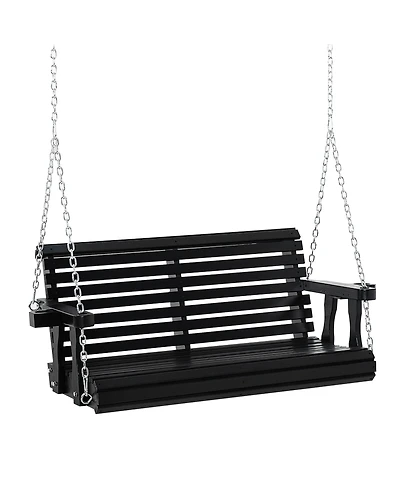 Outsunny 46" 2 Person Wooden Hanging Porch Swing Bench, Slatted Front Porch Swing Outdoor Chair with Cupholder Armrests 440 lbs. Weight Capacity, Blac