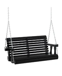 Outsunny 46" 2 Person Wooden Hanging Porch Swing Bench, Slatted Front Porch Swing Outdoor Chair with Cupholder Armrests 440 lbs. Weight Capacity, Blac