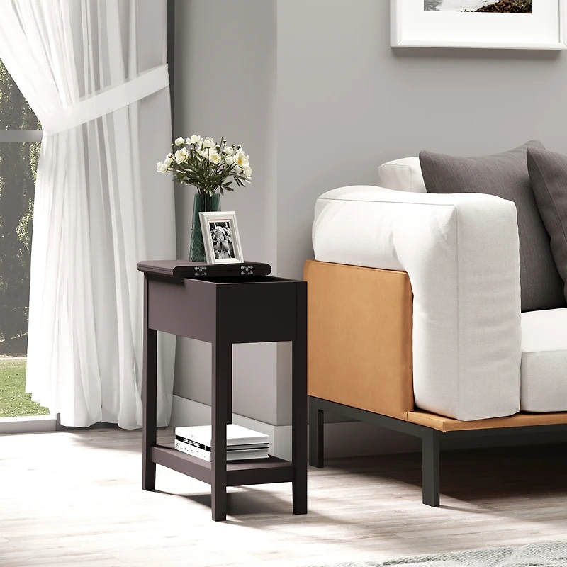 Homcom Wood Flip Top End Side Table with Cabinet Bottom Shelf for Home Office