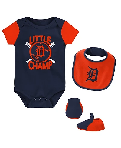 Newborn and Infant Boys and Girls Navy Detroit Tigers Little Champ Three-Pack Bodysuit, Bib and Booties Set