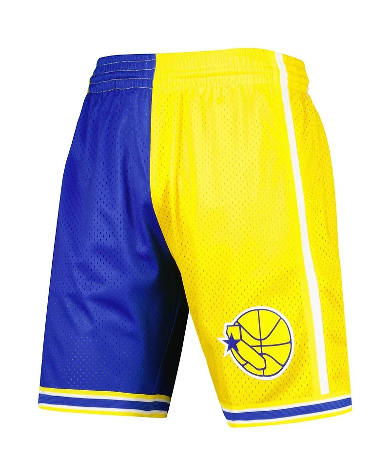 Men's Mitchell & Ness Royal and Gold Golden State Warriors Hardwood Classics 1995 Split Swingman Shorts
