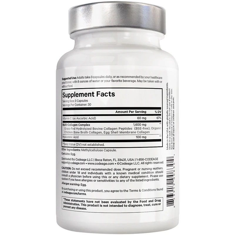 Amen Multi Collagen Peptides Capsules with Hyaluronic Acid and Vitamin C - 5 Types of Collagen Protein Type I, Ii, Iii, V, X - Grass Fed Hydrolyzed