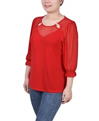 Ny Collection Petite 3/4 Sleeve Ringed Mesh Top