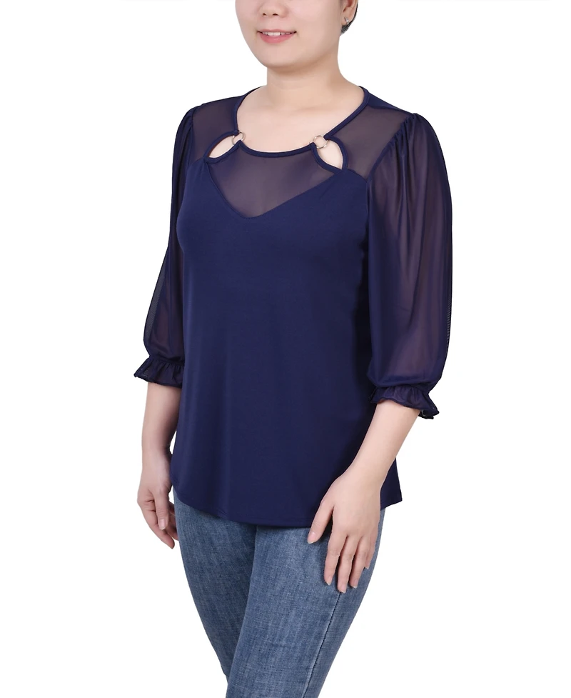Ny Collection Petite 3/4 Sleeve Ringed Mesh Top