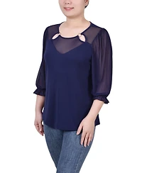 Ny Collection Petite 3/4 Sleeve Ringed Mesh Top