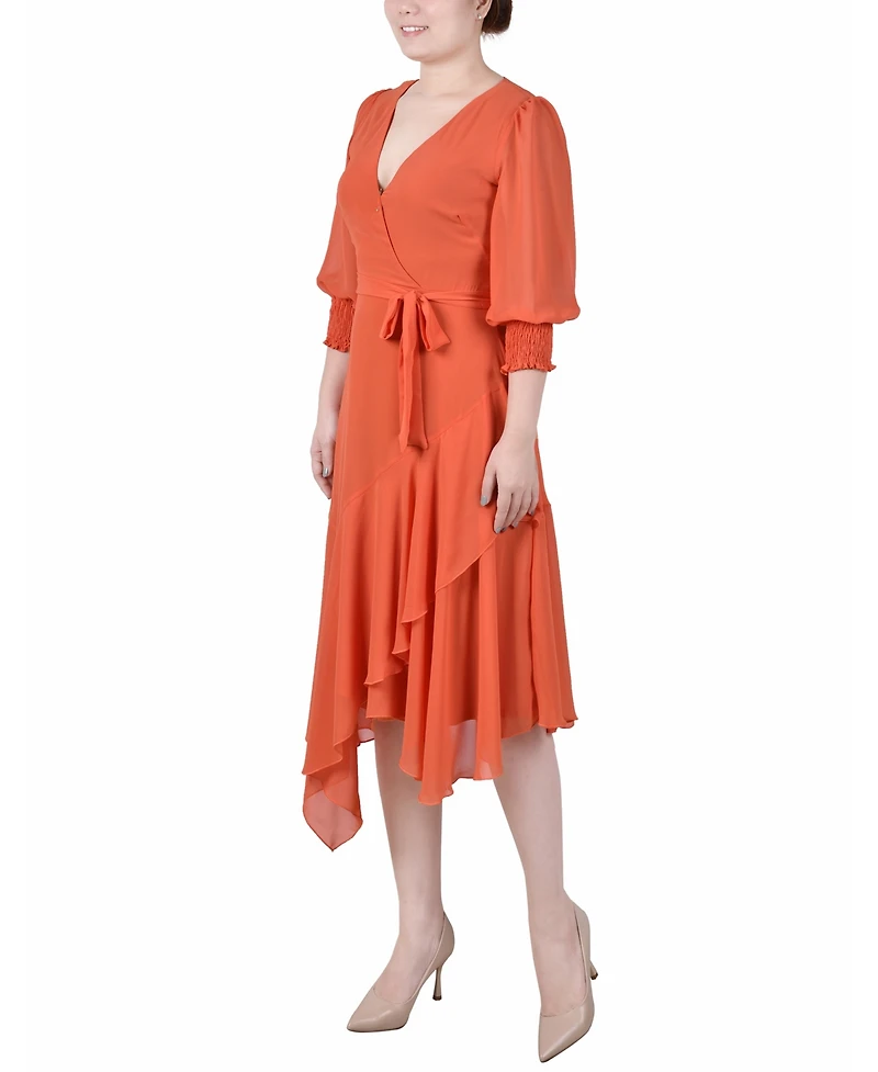 Ny Collection Petite 3/4 Sleeve Belted Chiffon Handkerchief Hem Dress