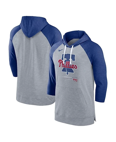 Men's Nike Heather Gray, Heather Royal Philadelphia Phillies Baseball Raglan 3/4 Sleeve Pullover Hoodie