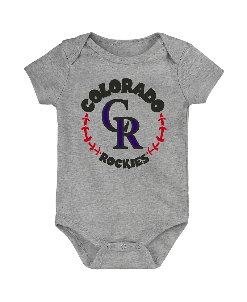 Baby Boys and Girls Purple, White, Heather Gray Colorado Rockies Biggest Little Fan 3-Pack Bodysuit Set
