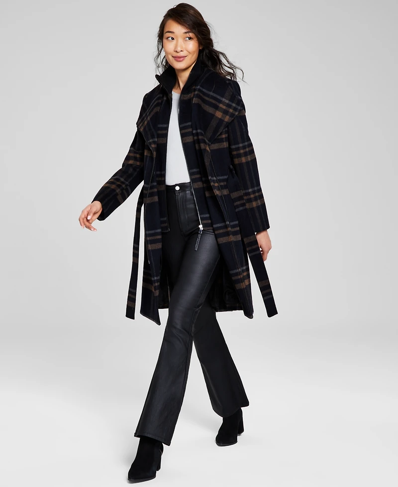 Calvin Klein Womens Wool Blend Belted Wrap Coat