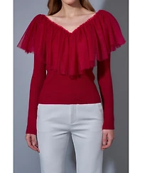 endless rose Women's Mixed Media Mesh Pleated Ruffle Top