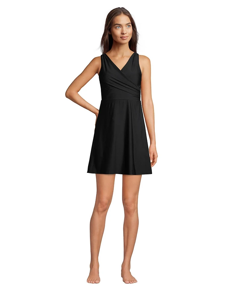 Lands' End Women's Tummy Control Surplice Wrap Swim Dress One Piece Swimsuit
