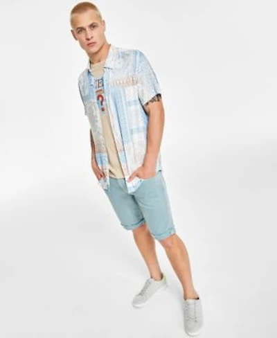Guess Mens Patchwork Button Down Shirt Mosaic Triangle Logo Graphic T Shirt Regular Fit Stretch Denim Shorts