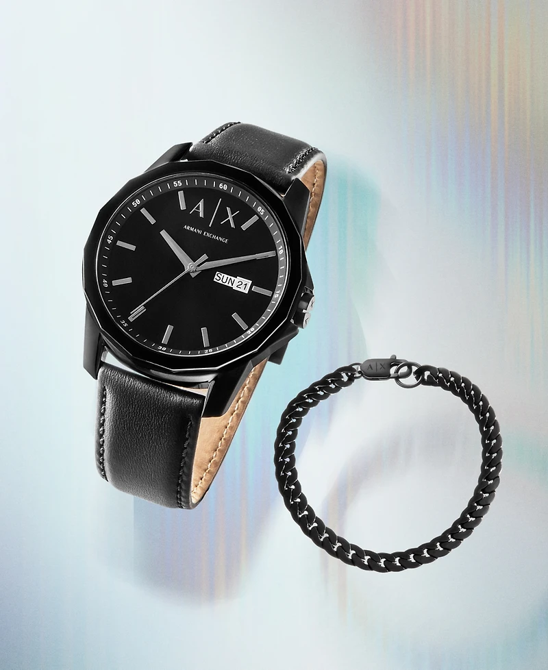 A|X Armani Exchange Men's Three-Hand Day-Date Quartz Black Leather Watch 44mm and Black Stainless Steel Bracelet Set