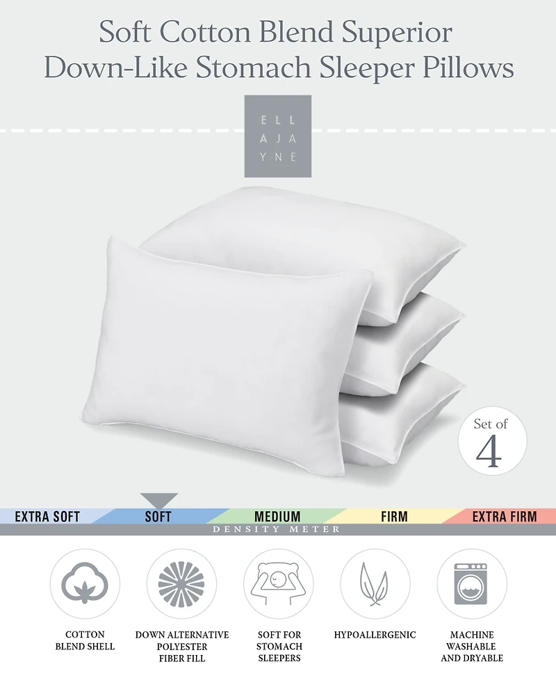 Ella Jayne Superior Cotton Blend Shell Soft Density Stomach Sleeper Down Alternative 4-Pack Pillows, King