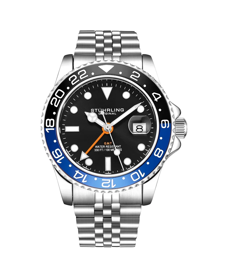 Stuhrling Meridian 3968 Men s Gmt Diver Watch – Quartz Movement, 42mm Stainless Steel Case, Black Dial, Blue/Black Bezel