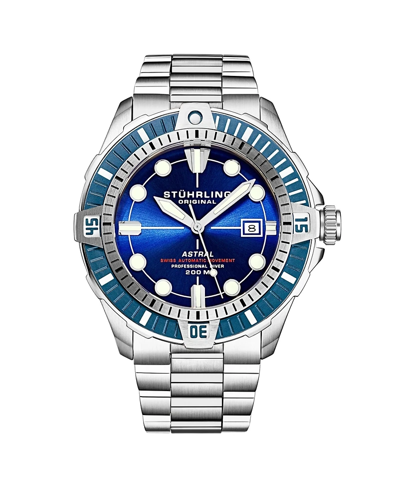 Stuhrling Men s Astral Diver 44mm Swiss Automatic Watch, Dial, Stainless Steel Bracelet, Rotating Bezel