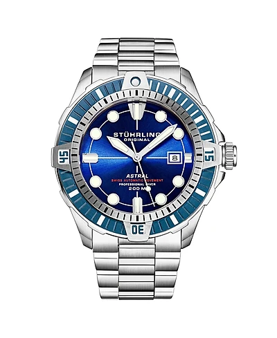 Stuhrling Men s Astral Diver 44mm Swiss Automatic Watch, Dial, Stainless Steel Bracelet, Rotating Bezel