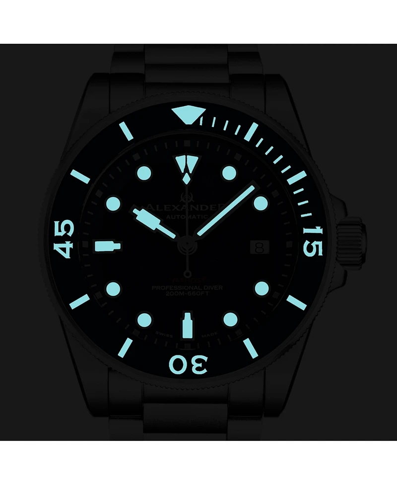 Alexander Vathos3 Men's Swiss Made Diver Watch 43mm Silver Tone Stainless Steel Case Blue Dial Rotating Bezel Sapphire Crystal 200M Water Resistant