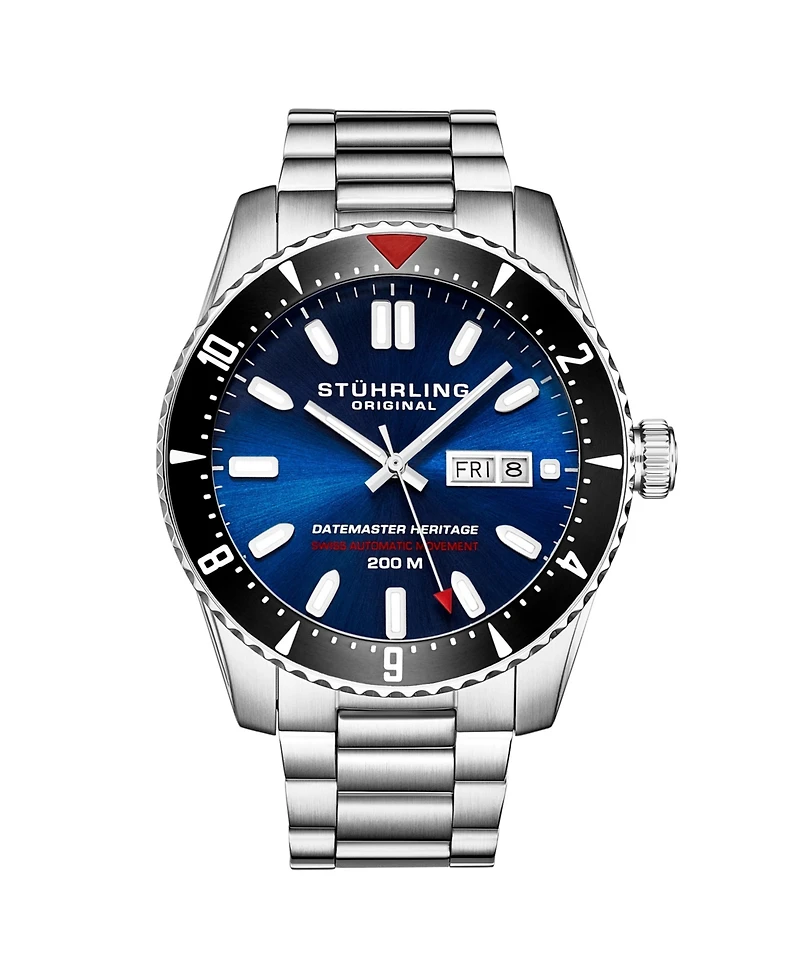 Stuhrling Men s Aquadiver 44mm Swiss Automatic Diver Watch, Blue Dial, Stainless Steel Bracelet, Day-Date, 200M Water Resistant