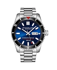 Stuhrling Men s Aquadiver 44mm Swiss Automatic Diver Watch, Blue Dial, Stainless Steel Bracelet, Day-Date, 200M Water Resistant
