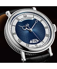 Alexander Triumph Men's Swiss Automatic Watch 43mm Silver Tone Stainless Steel Case Blue Dial Sapphire Crystal Black Leather Strap 30M