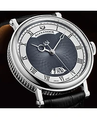 Alexander Triumph Men's Swiss Automatic Watch 43mm Silver Tone Stainless Steel Case Blue Dial Sapphire Crystal Black Leather Strap 30M