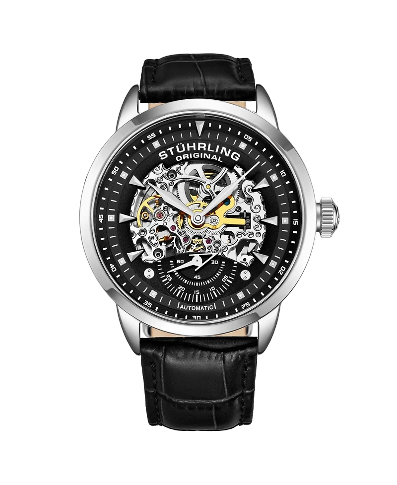 Stuhrling Men's Legacy Black Leather, Black Dial, 44mm Round Watch