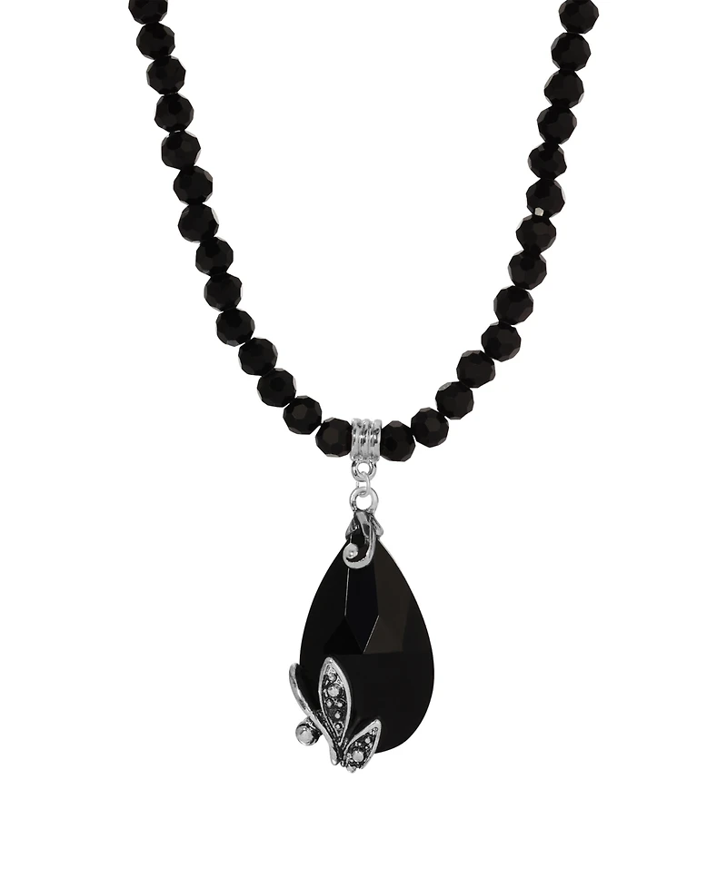 2028 Glass Black Beaded Teardrop Necklace