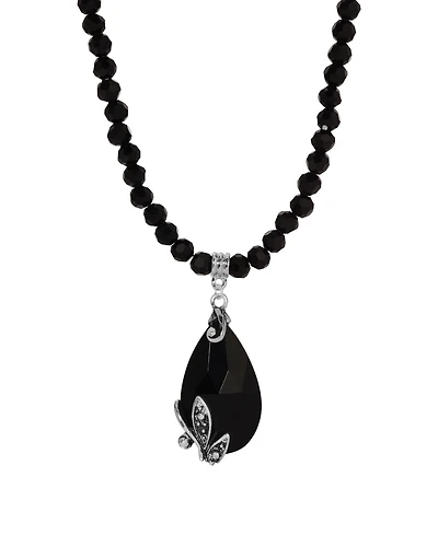 2028 Glass Black Beaded Teardrop Necklace
