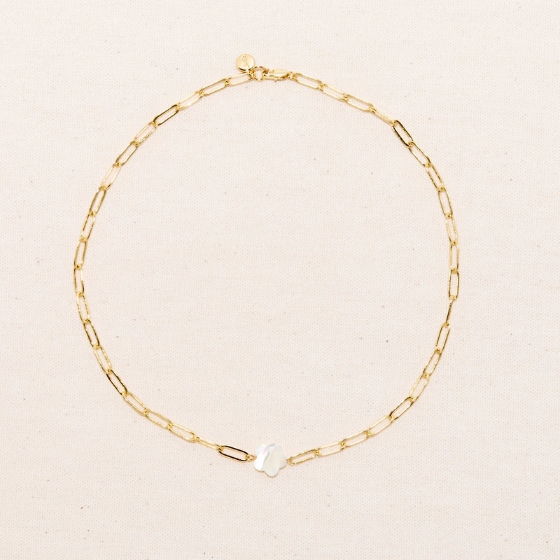 18K Gold Plated Chain with Flower Shap of a Mother of Pearl Charm - Fafa Necklace 17" For Women