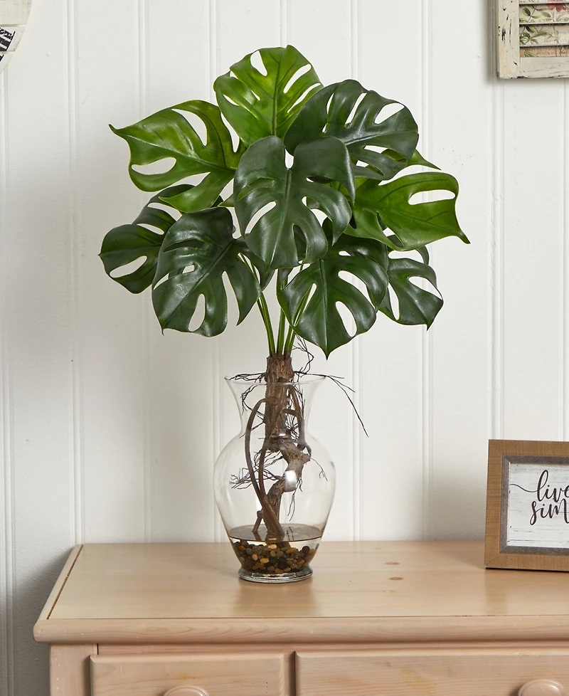 Nearly Natural 26" Monstera Artificial Plant in Glass Vase with Rocks