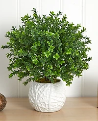 Nearly Natural Boxwood Evergreen Indoor/Outdoor Artificial Plant in White Vase