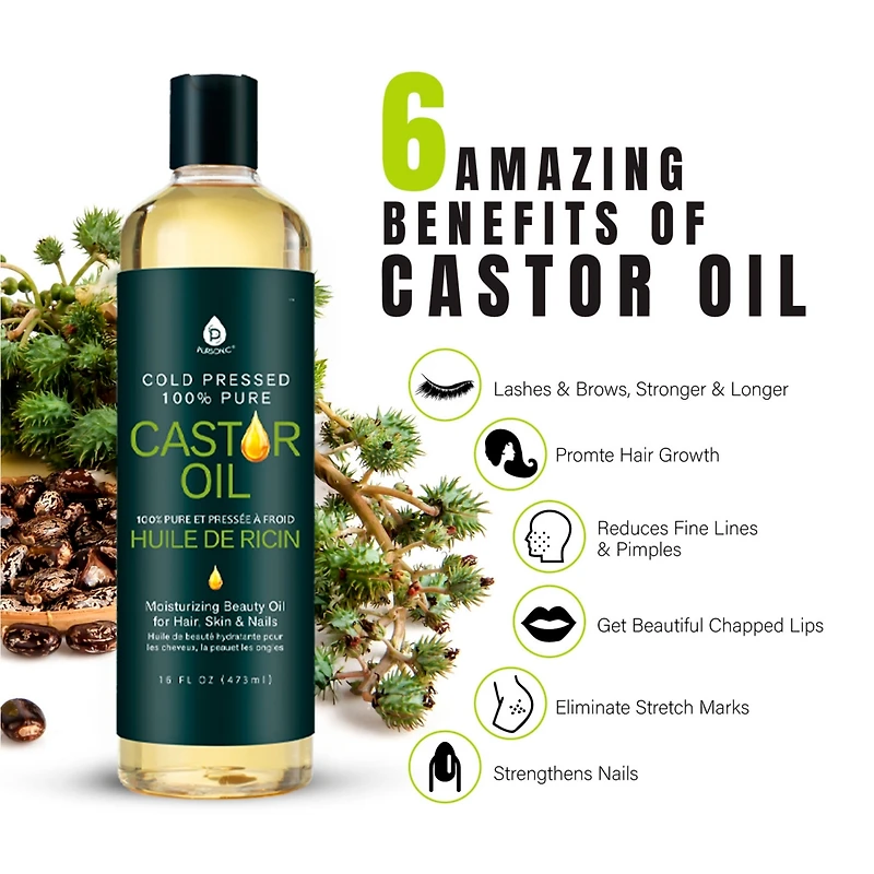 Pursonic Castor oil (16oz): 100% pure, cold-pressed, hexane-free. Ideal for moisturizing, healing, hair growth, and eyelashes.