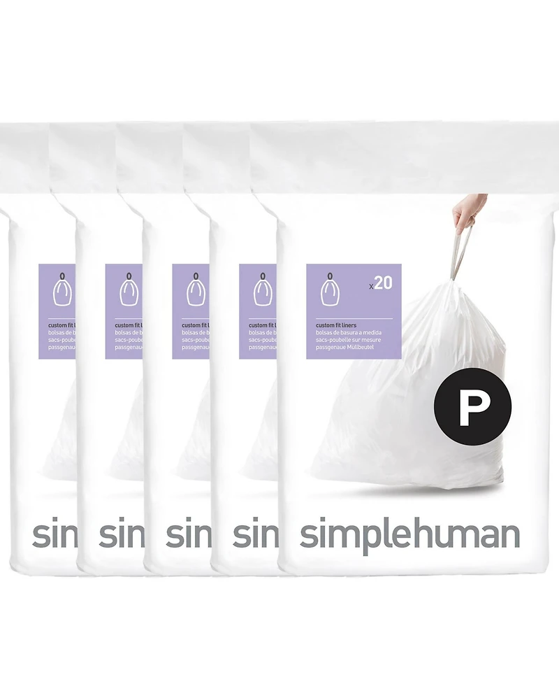 Simplehuman Code P 100pk Custom Fit Liners with 5 Quick Dispense Packs, 50-60L Kitchen Trash Bag Liners